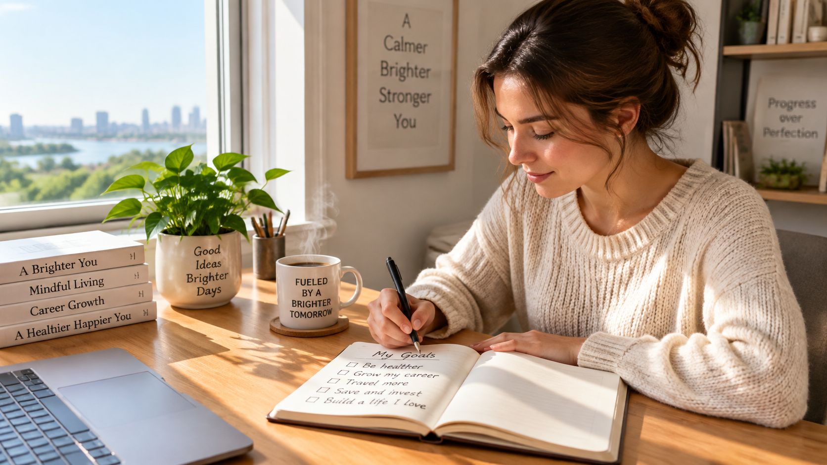 A young woman writing her life goals in a notebook while sitting at a sunlit desk.