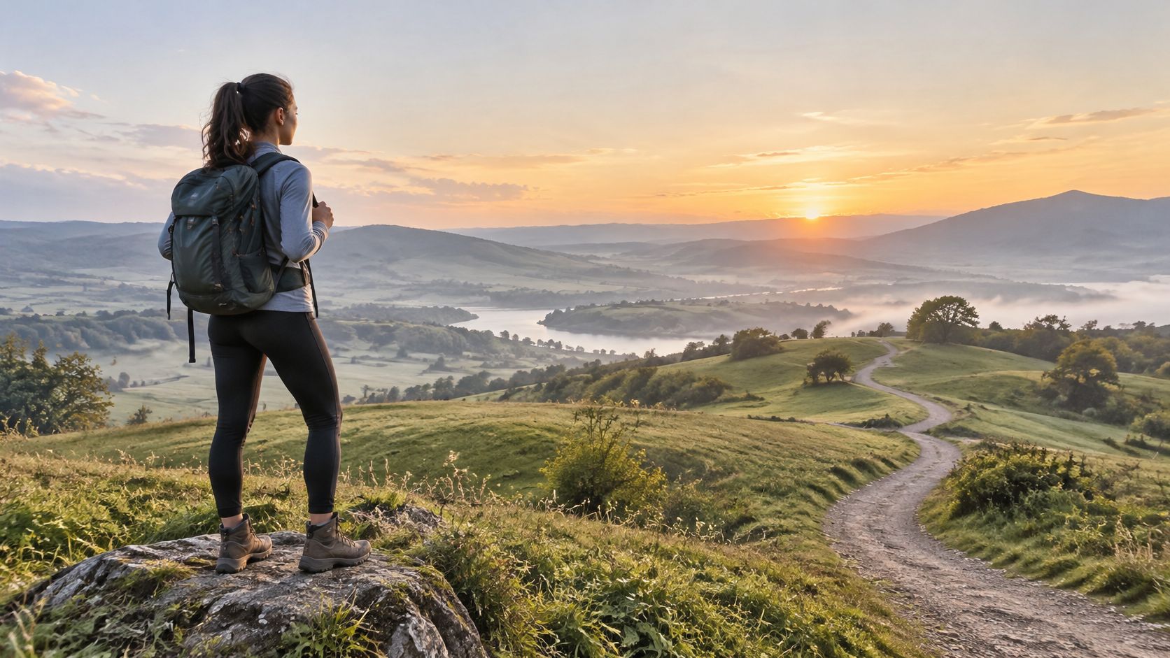 A hiker with a backpack stands on a rocky hill overlooking a scenic valley at sunrise.