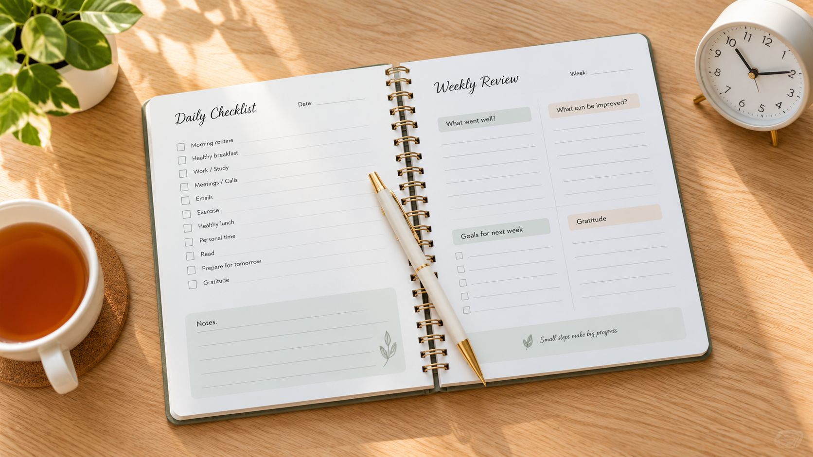 An open planner on a wooden desk with a tea cup, plant, and clock for organization.