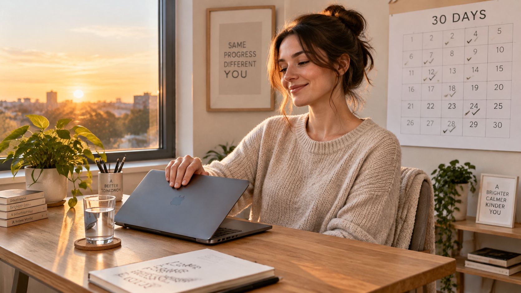 A woman smiling while closing her laptop at a desk with plants in a sunlit room.