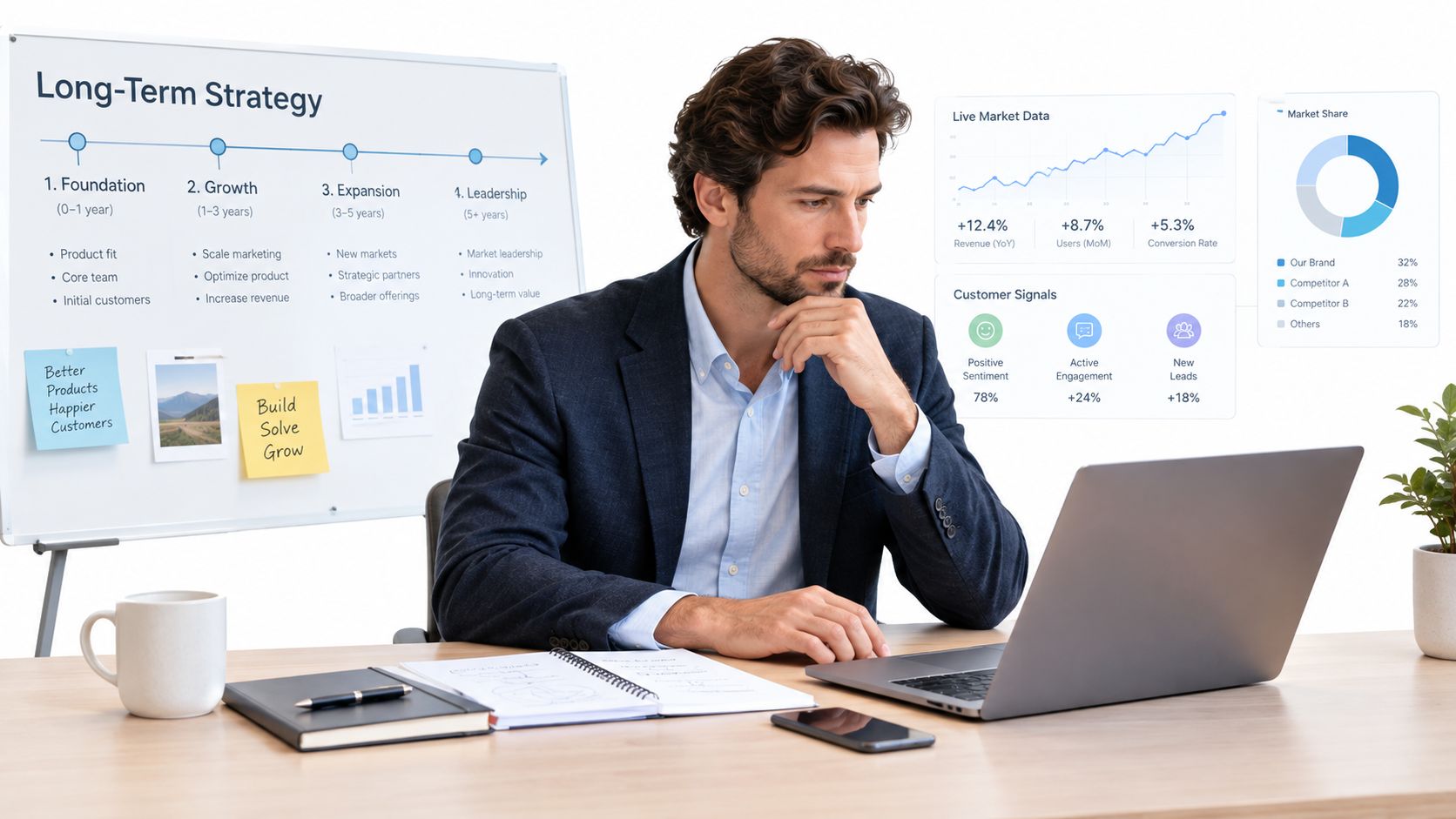 A professional businessman analyzing growth metrics and long-term strategy while working on his laptop at a desk.
