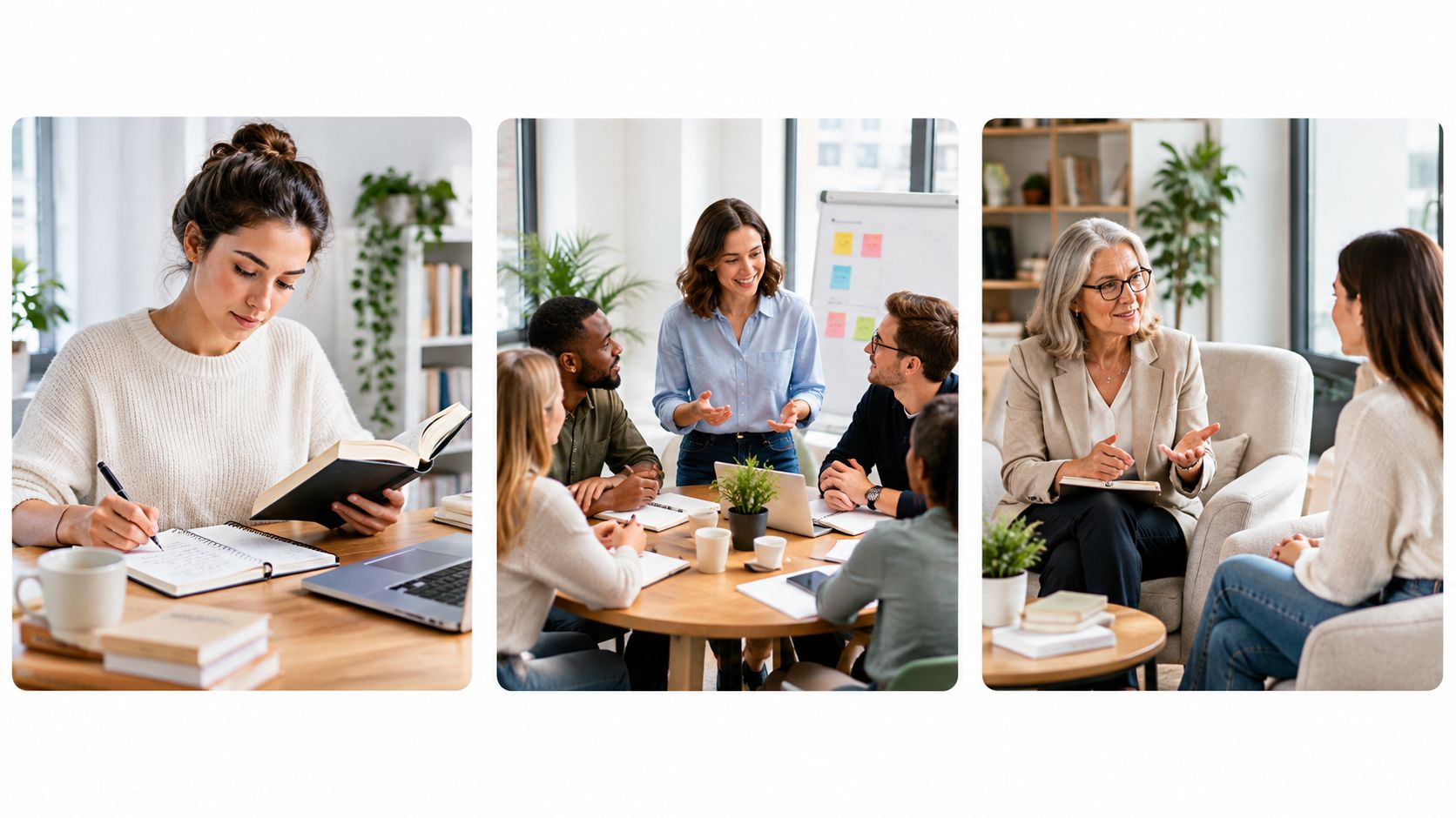 A collage showing business people working and collaborating in a modern office environment for professional growth.