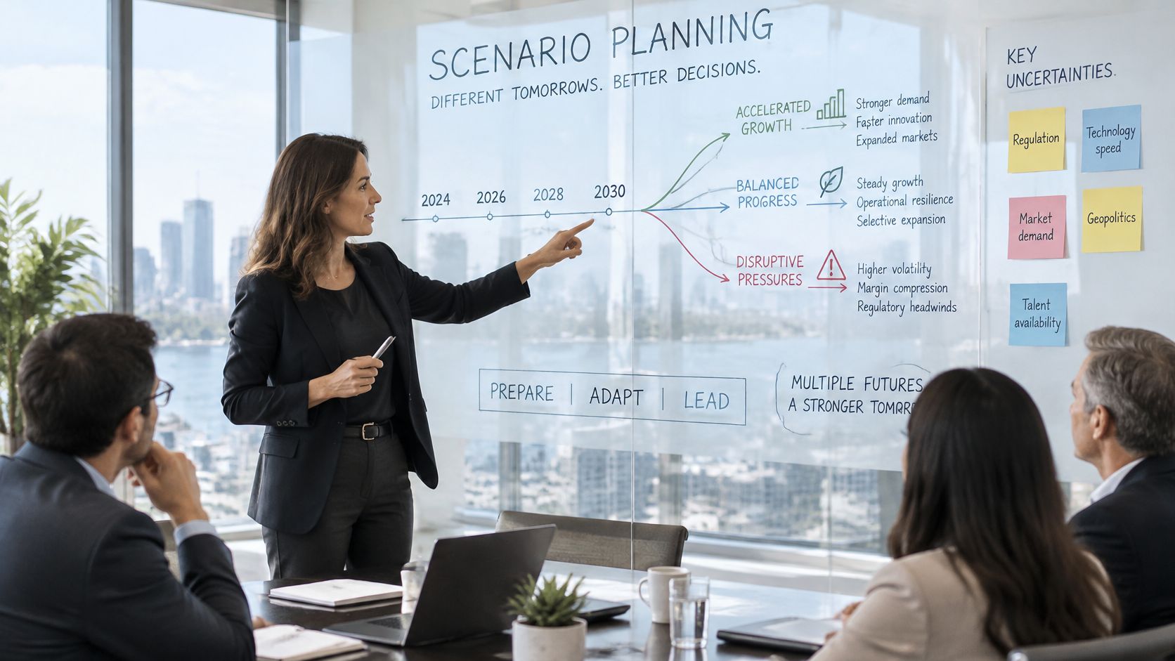 A professional woman presenting a strategic scenario planning chart to colleagues in a modern office boardroom.