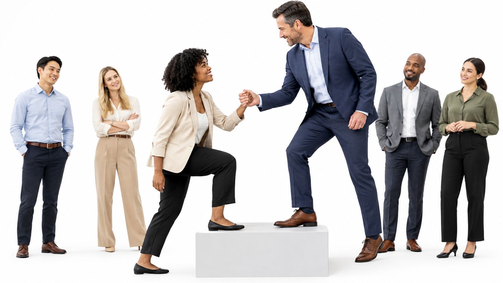 A professional woman reaching up to shake hands with a man stepping onto a platform