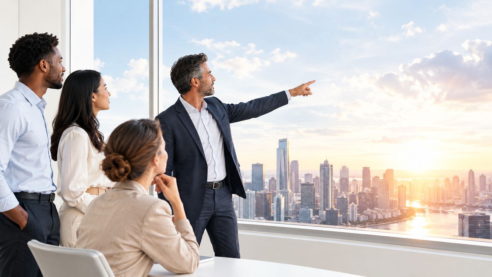 A professional team of business people looking out from a high-rise office window at a city sunset.
