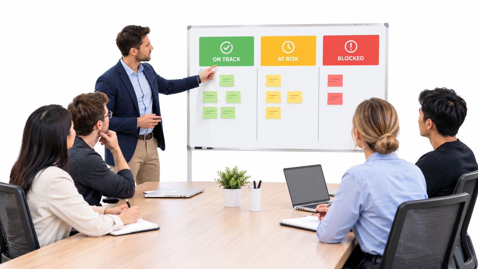 A professional man leads a project meeting, pointing at a whiteboard with status updates for his team.