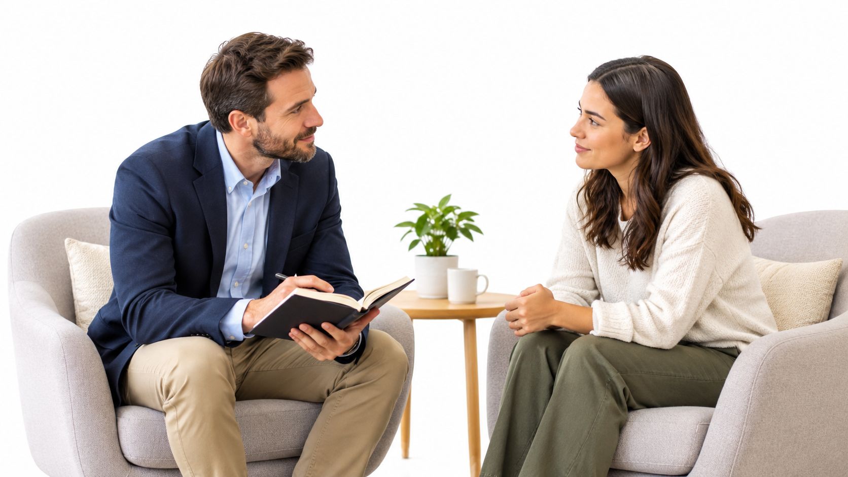 A professional man in a suit takes notes while consulting with a woman in an armchair.