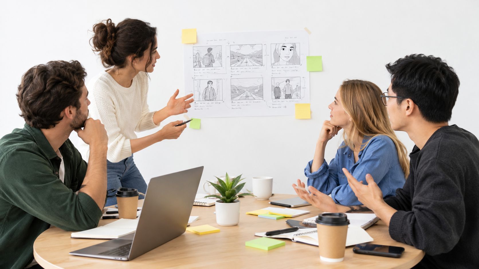 A diverse group of creative professionals collaborating on a project strategy during a brainstorming office meeting.