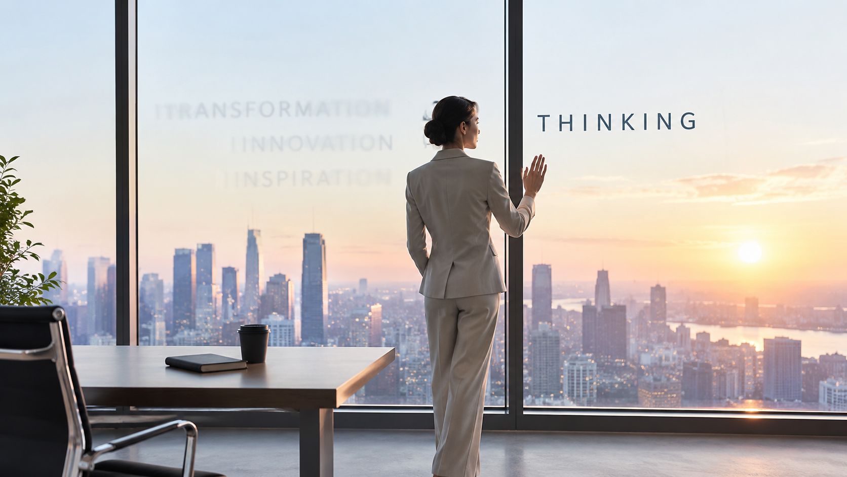 A businesswoman in a suit looks out at a cityscape from a high-rise office window.