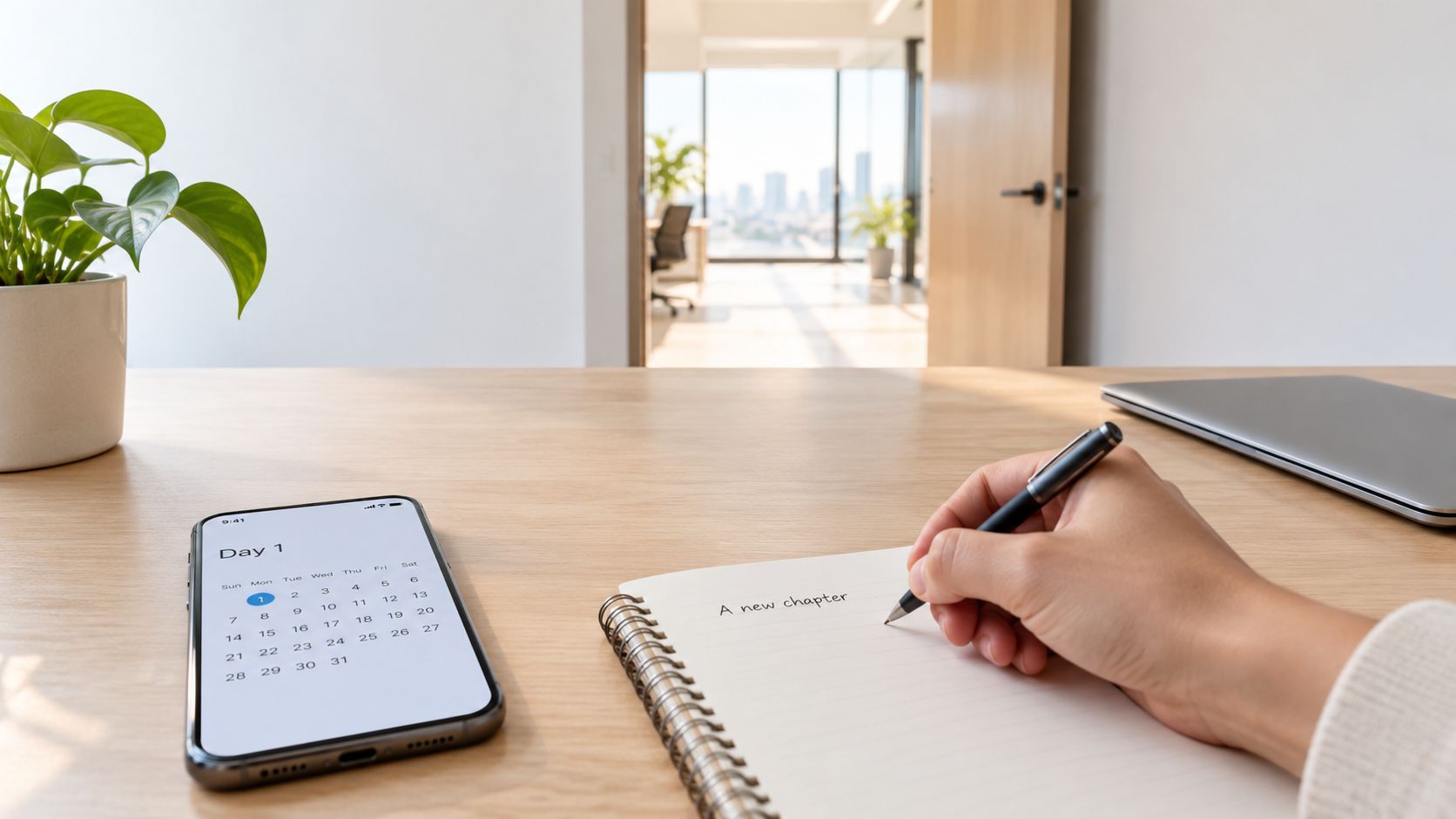 A person writing A new chapter in a notebook next to a smartphone showing a calendar.