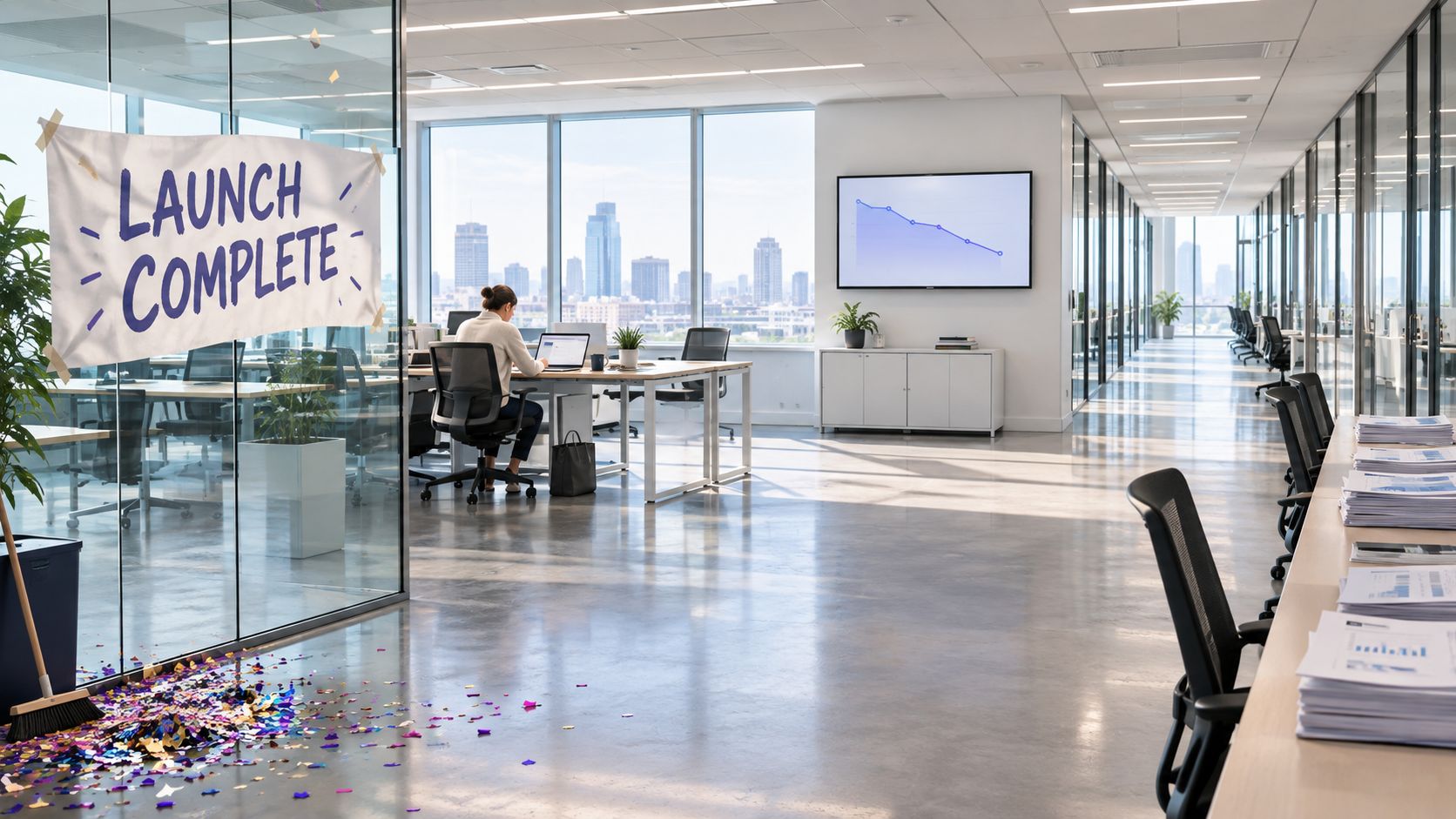 A professional office interior with a woman working at her desk after a launch celebration event.