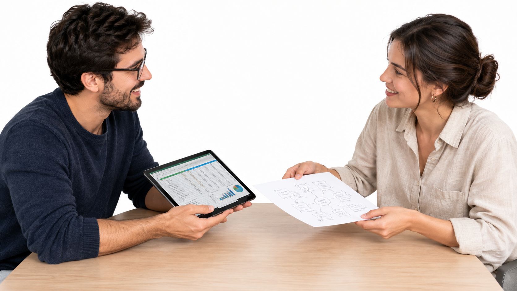 A professional man and woman discussing business data on a tablet and paper at a desk.
