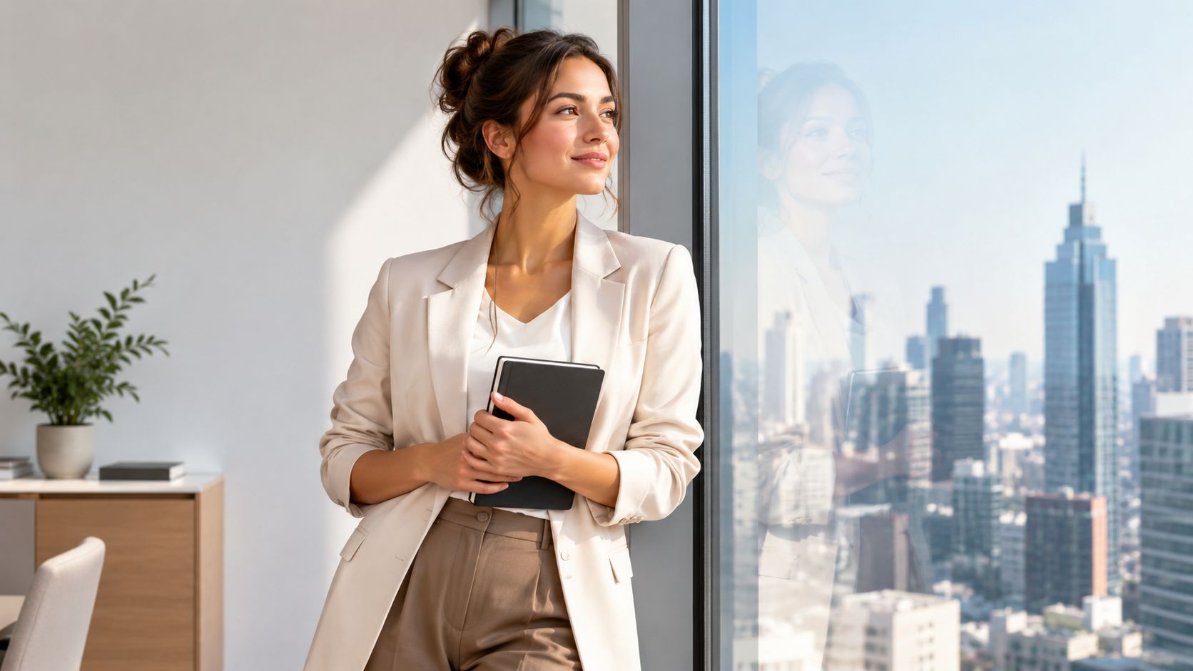 A professional woman in a blazer standing by a window overlooking a bright city skyline.