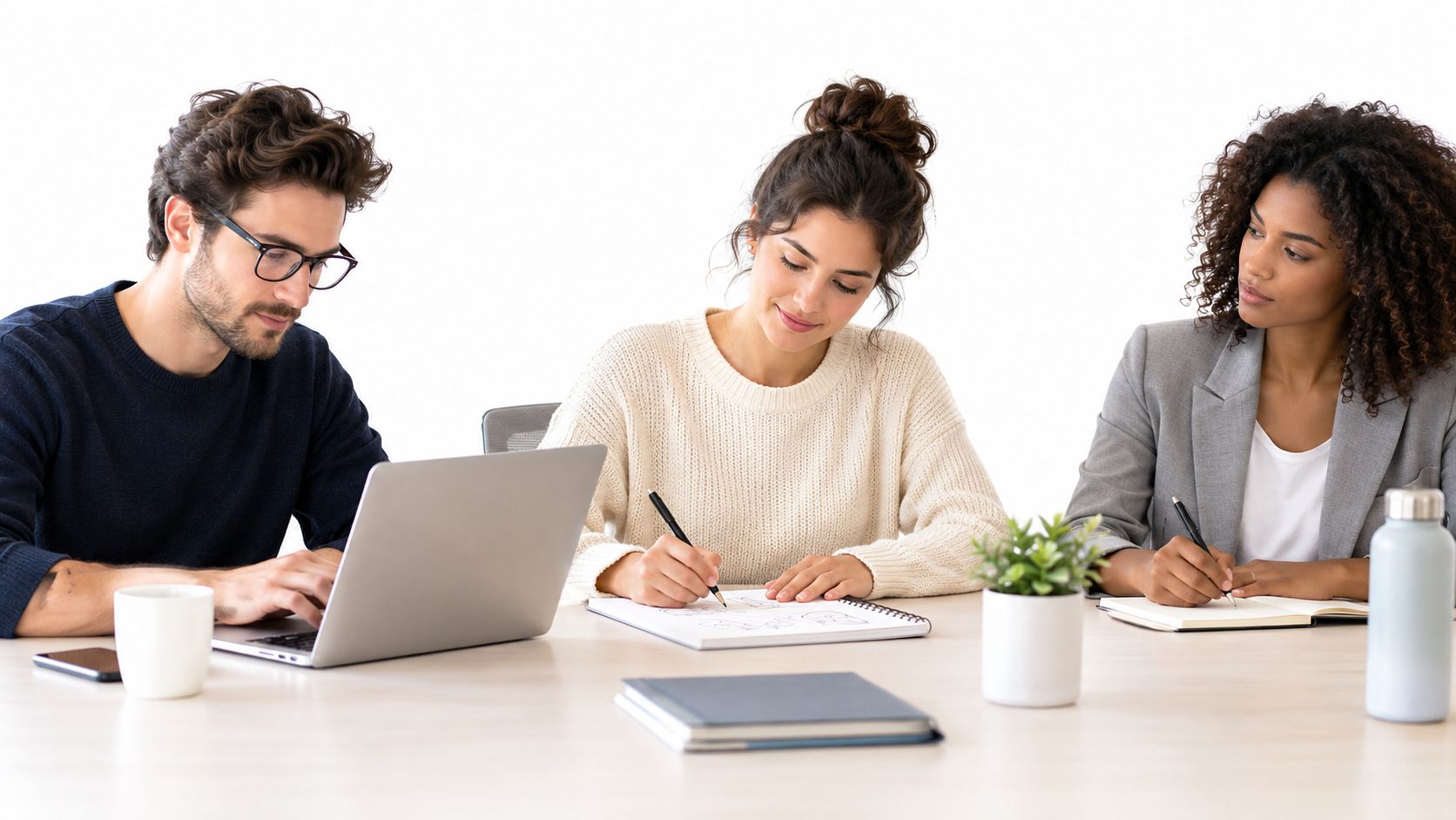 Three diverse professional colleagues collaborating at a clean office desk during a productive team brainstorming session.