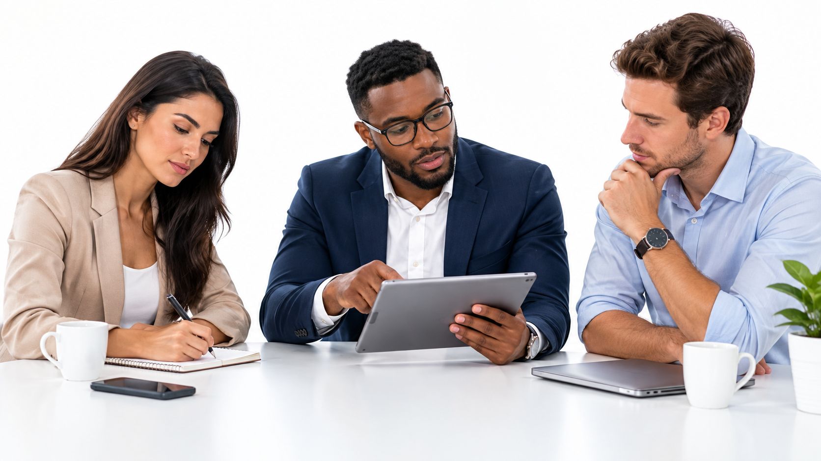 A professional woman, a man in a suit, and a colleague collaborating on a tablet in an office.