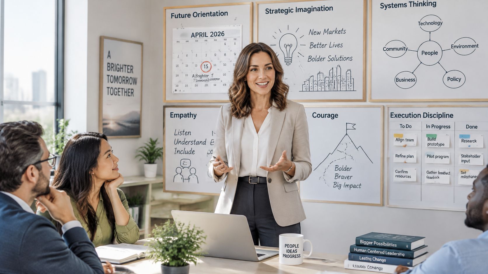 A professional woman delivers a presentation on leadership strategy to a focused team in a bright office.