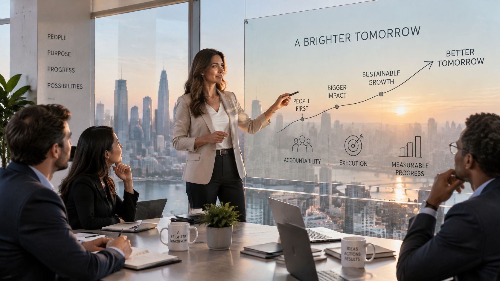A professional woman presenting a strategic business vision on a glass board to her colleagues in an office.