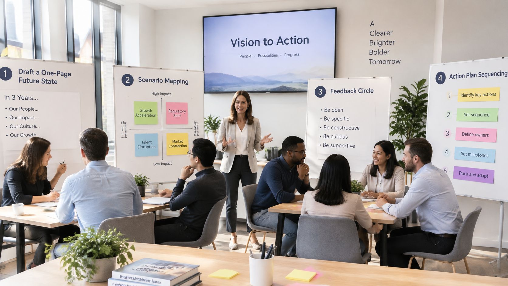 A professional woman facilitating a workshop with diverse colleagues in a bright office environment.