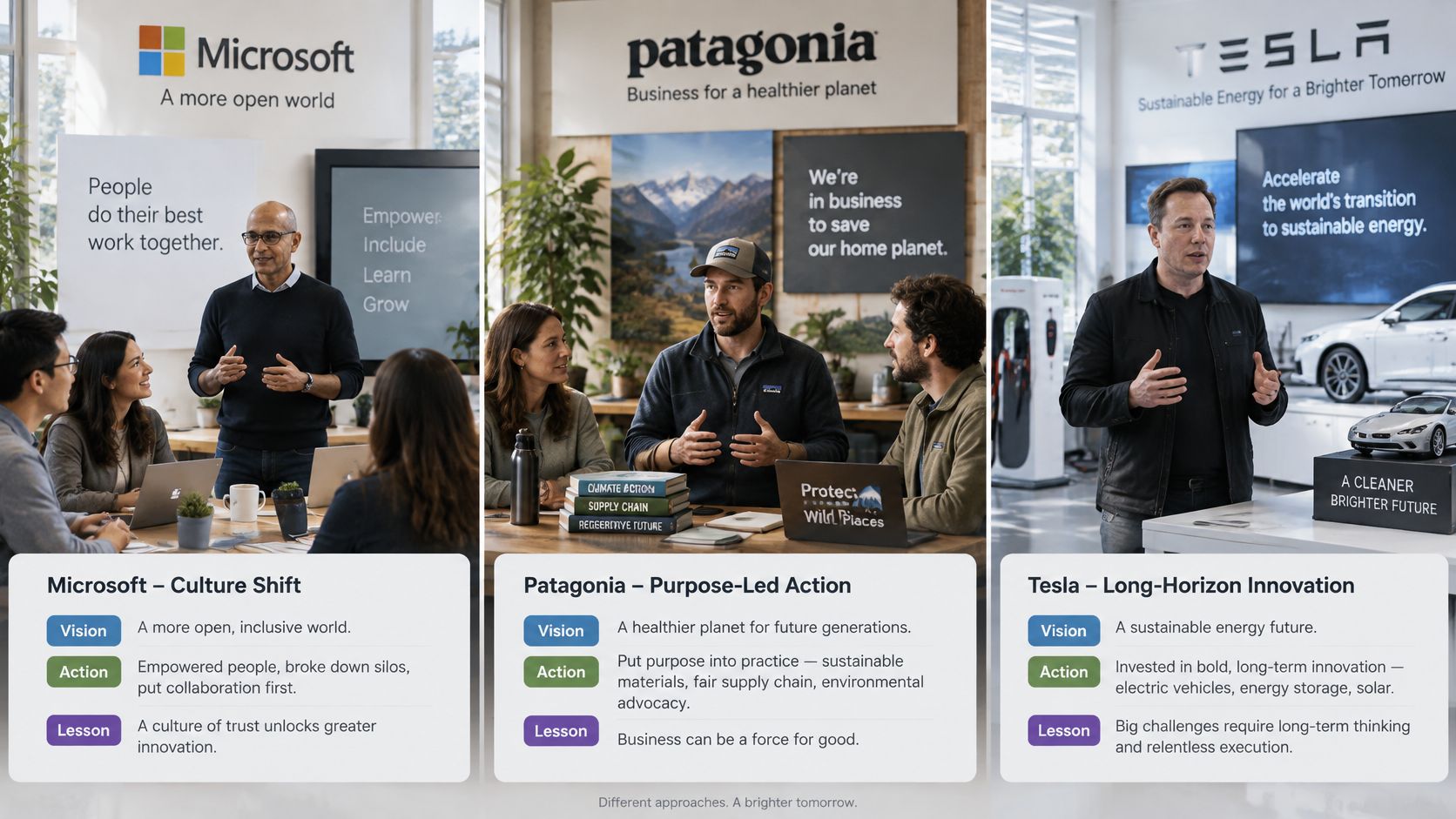 A visual comparison of visionary leadership styles for Microsoft, Patagonia, and Tesla featuring their distinct corporate philosophies.